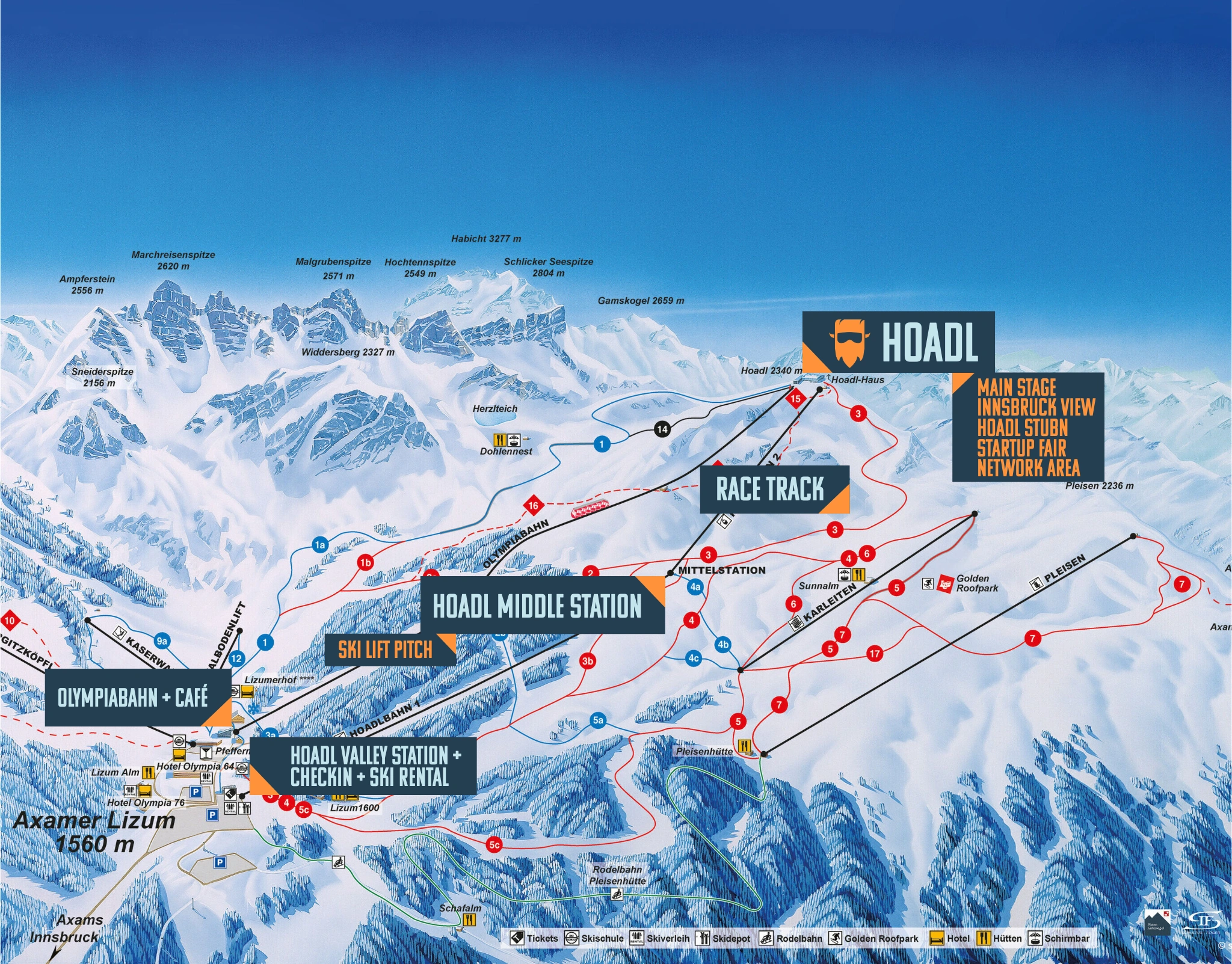 Axamer Lizum event map showing Hoadl, Ski Lift Pitch, Startup Fair and Race Track