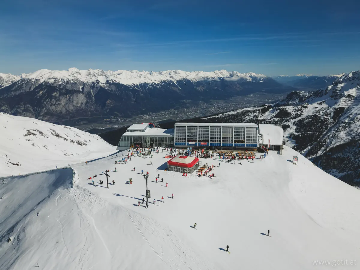 Aerial view of the Hoadlhaus at 2,340 m above Innsbruck